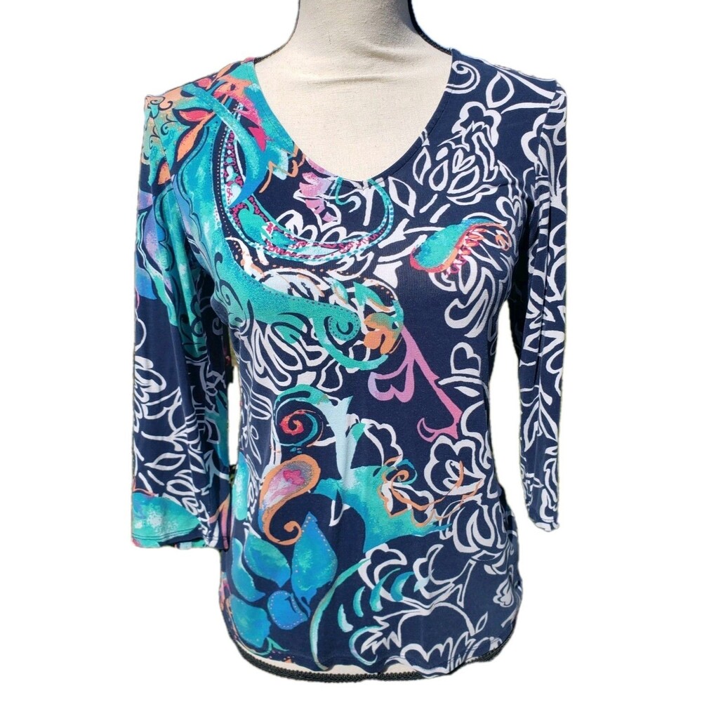 Chico’s Swirl Print 3/4 Sleeve Top Size 0 (Small) Navy Teal Pullover EUC SOFT